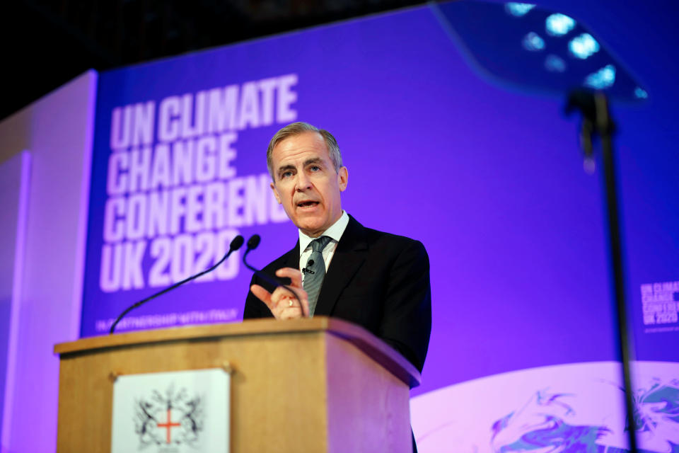 Mark Carney, Governor of the Bank of England, makes a keynote address to launch the private finance agenda for the 2020 United Nations Climate Change Conference (COP26) at Guildhall in London, Britain February 27, 2020.  Tolga Akmen/Pool via REUTERS