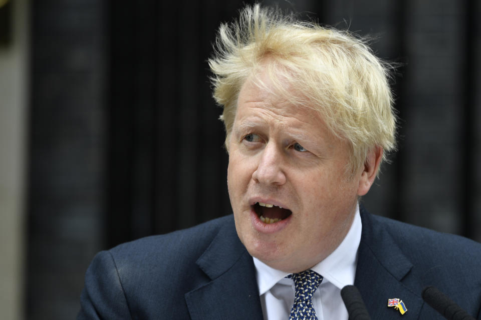 Prime Minister Boris Johnson reads a statement outside 10 Downing Street, London, formally resigning as Conservative Party leader after ministers and MPs made clear his position was untenable. He will remain as Prime Minister until a successor is in place. Picture date: Thursday July 7, 2022.