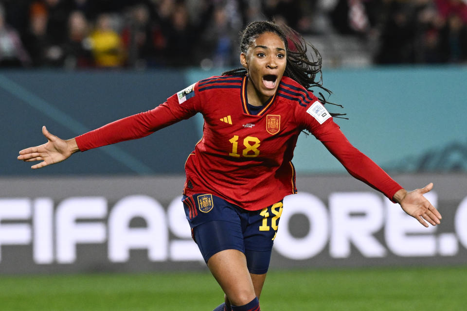 Spain's Salma Paralluelo celebrates after scoring her team's first goal during the Women's World Cup semifinal soccer match between Sweden and Spain at Eden Park in Auckland, New Zealand, Tuesday, Aug. 15, 2023. (AP Photo/Andrew Cornaga)