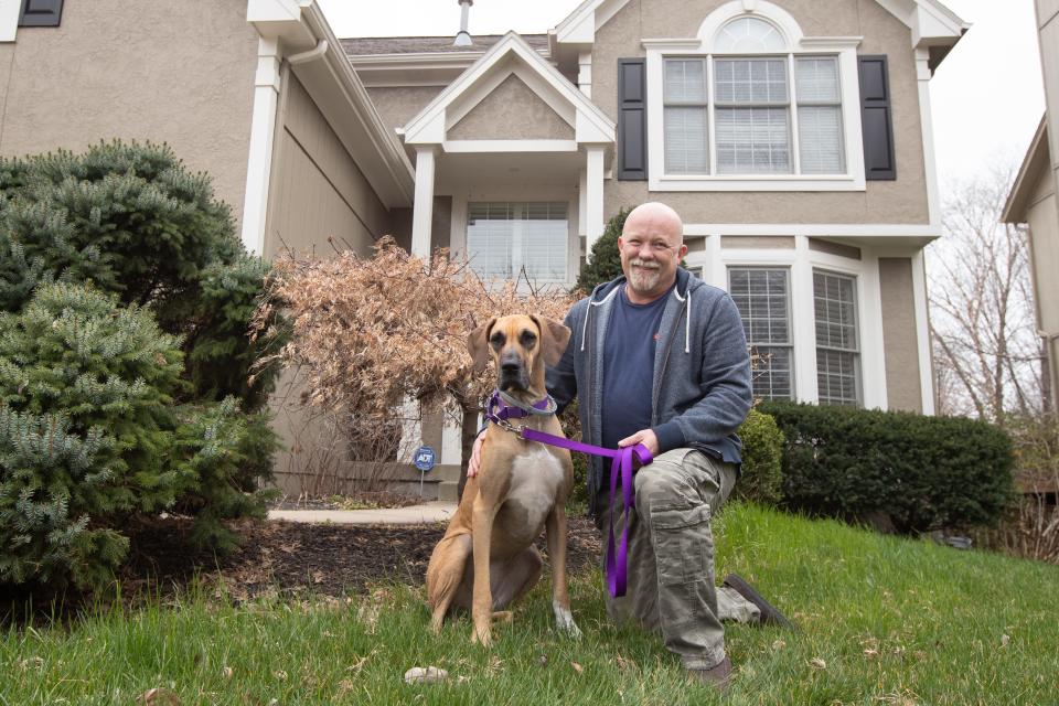 Sadie, a Great Dane that was among 73 animals rescued Jan. 30 from a house in Topeka, poses Tuesday with one of her new owners, Doug Pursely, outside their Overland Park home.