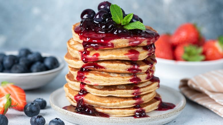 Pancake stack with blueberry sauce