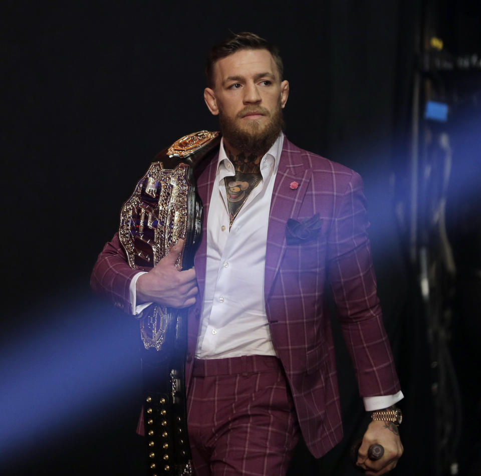 Conor McGregor arrives a news conference in New York, Thursday, Sept. 20, 2018. McGregor is returning to UFC after a two-year absence. He fights undefeated Khabib Nurmagomedov on Oct. 6. (AP Photo/Seth Wenig)