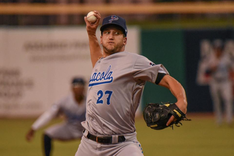 Blue Wahoos starter A.J. Ladwig struggled in his outing against the Montgomery Biscuits on Tuesday, Sept. 21 from Montgomery Riverwalk Stadium.