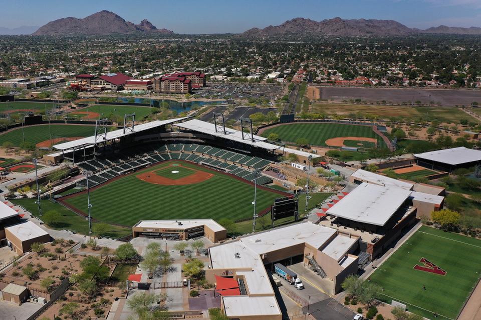 An aerial view of Salt River Fields at Talking Stick in Scottsdale, Arizona.