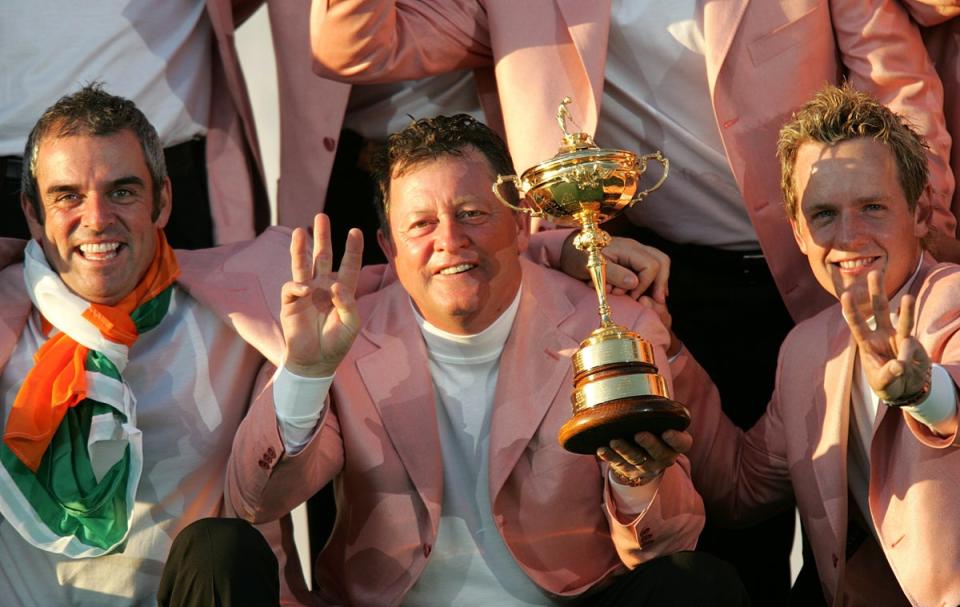 Luke Donald (right) celebrates with the trophy following the 2006 Ryder Cup at The K Club (David Davies/PA) (PA Archive)