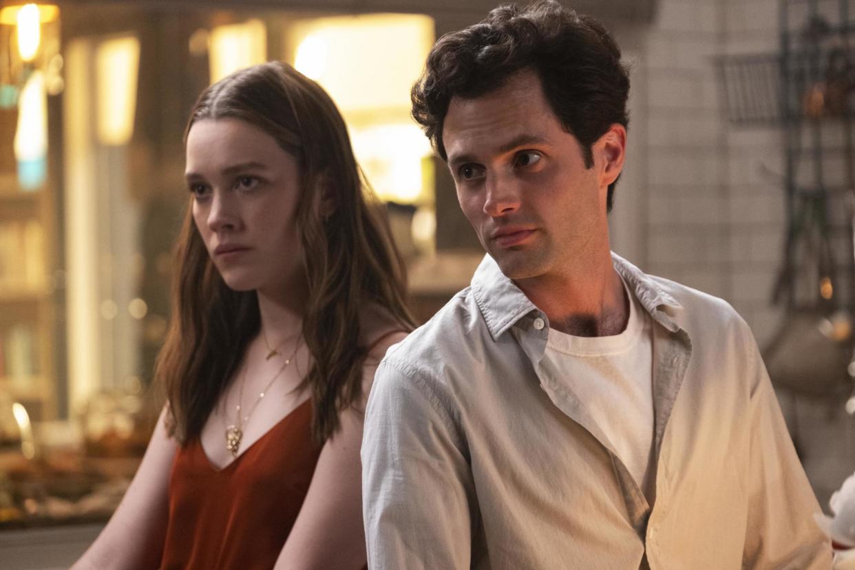 Victoria Pedretti and Penn Badgley in YOU season two: Beth Dubber/Netflix