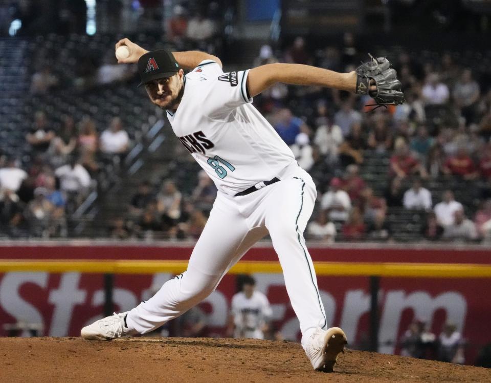 Arizona Diamondbacks relief pitcher Ryan Thompson (81) throws to the San Francisco Giants in the seventh inning at Chase Field in Phoenix on Sept. 20, 2023.