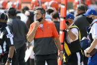 Cleveland Browns special teams coordinator Mike Priefer stands on the sideline during an NFL football game against the Washington Football Team, Sunday, Sept. 27, 2020, in Cleveland. Priefer has known for months that he would replace Kevin Stefanski as Browns coach in the event of a positive COVID-19 test. He never imagined it happening in the playoffs. (AP Photo/David Richard)