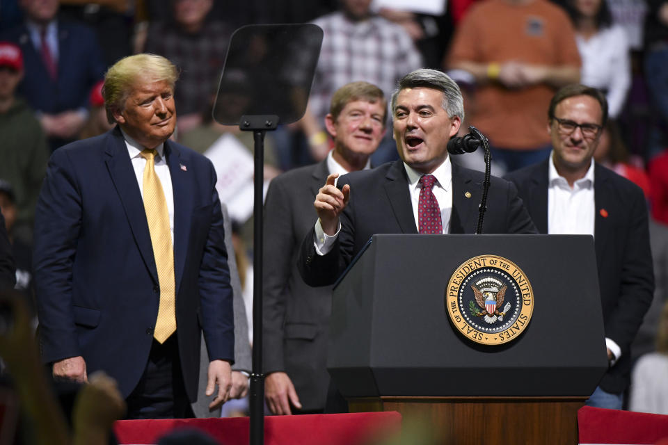 Sen. Cory Gardner (R-CO) speaks with President Donald Trump on stage during a Keep America Great rally on February 20, 2020 in Colorado Springs, Colorado. (Michael Ciaglo/Getty Images)