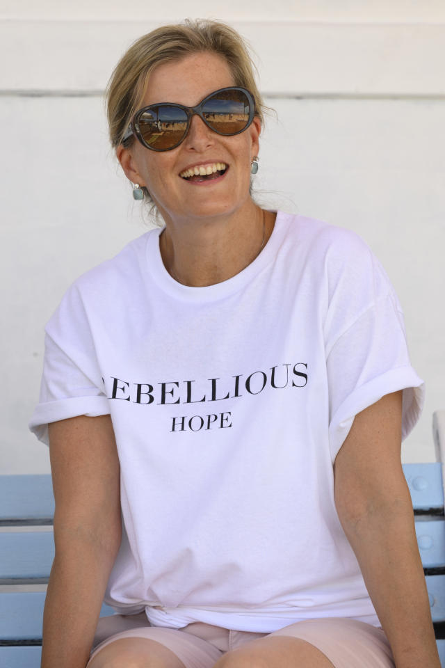 Sophie Countess of Wessex has shown her support for Dame Deborah James by wearing her charity T-shirt during a trip to Gibraltar with Prince Edward. (Tim Rooke/Shutterstock)