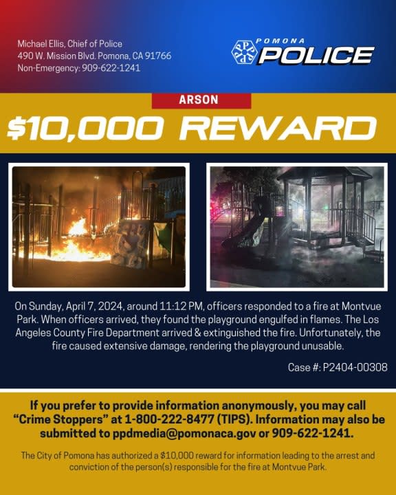 $10K reward offered in arson at playground in SoCal