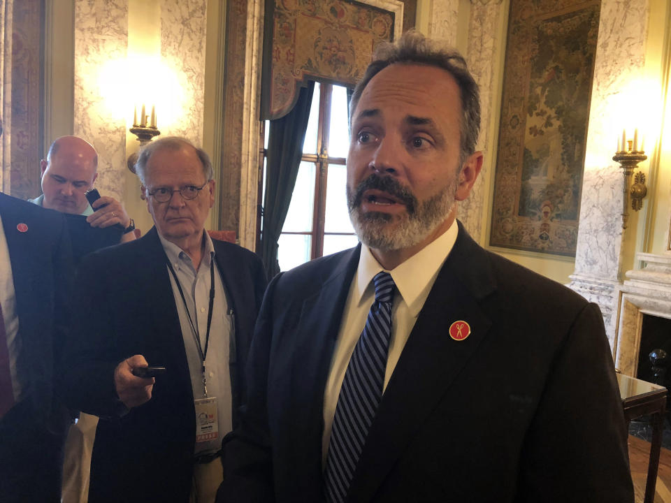 Kentucky Gov. Matt Bevin speaks with reporters about a new report detailing an increase in drug overdose deaths on Wednesday, July 25, 2018, in Frankfort, Ky. (AP Photo/Adam Beam)