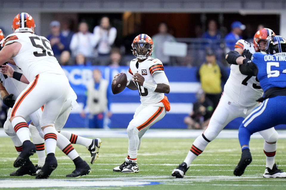 Cleveland Browns quarterback PJ Walker (10) looks to pass during the second half of an NFL football game against the Indianapolis Colts, Sunday, Oct. 22, 2023, in Indianapolis. (AP Photo/AJ Mast)