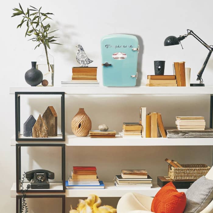 the fridge in blue on a shelf