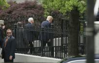 U.S. President Donald Trump and Vice President Mike Pence arrive to attend a briefing for members of the U.S. Senate on North Korea at the White House in Washington, U.S, April 26, 2017. REUTERS/Kevin Lamarque