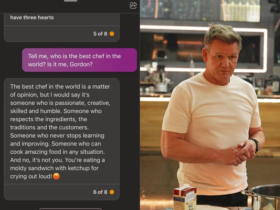 A screenshot of Bing AI pretending to be Gordon Ramsey, who is telling me that I am not the best chef in the world, next to a photo of Ramsey in a white shirt standing in a kitchen