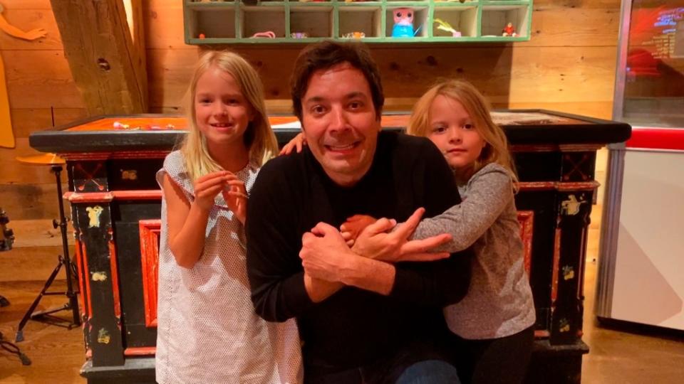 Jimmy Fallon with his two daughters. NBCU Photo Bank via Getty Images