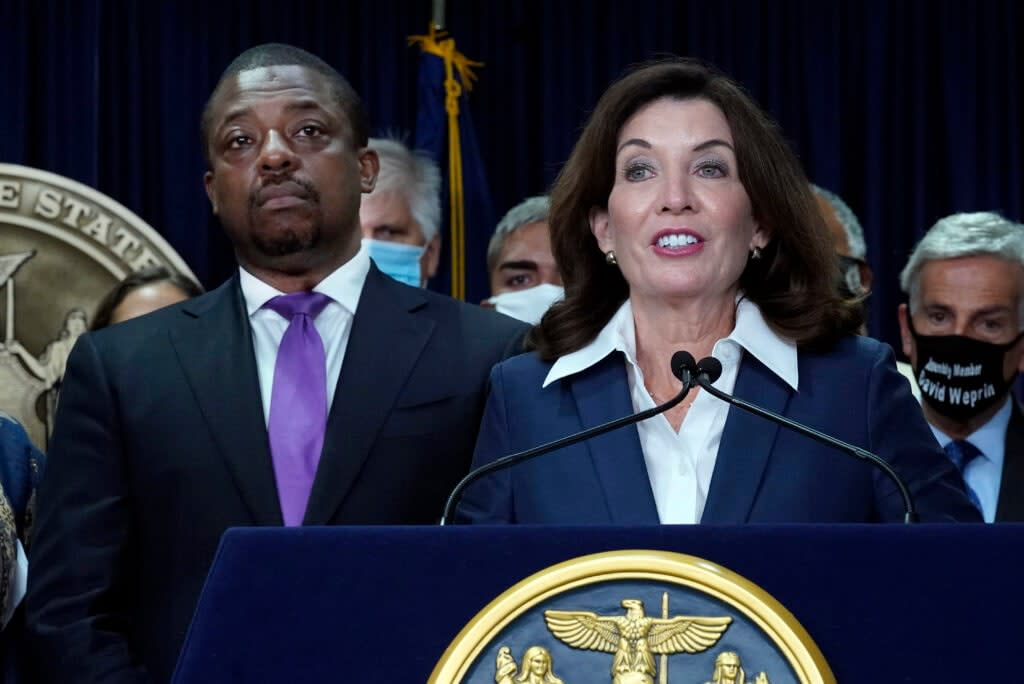 New York Gov. Kathy Hochul, accompanied by Lt. Gov. Brian Benjamin, left, speaks during ceremonies in the governor’s office, in New York, Sept. 17, 2021. (AP Photo/Richard Drew, File)