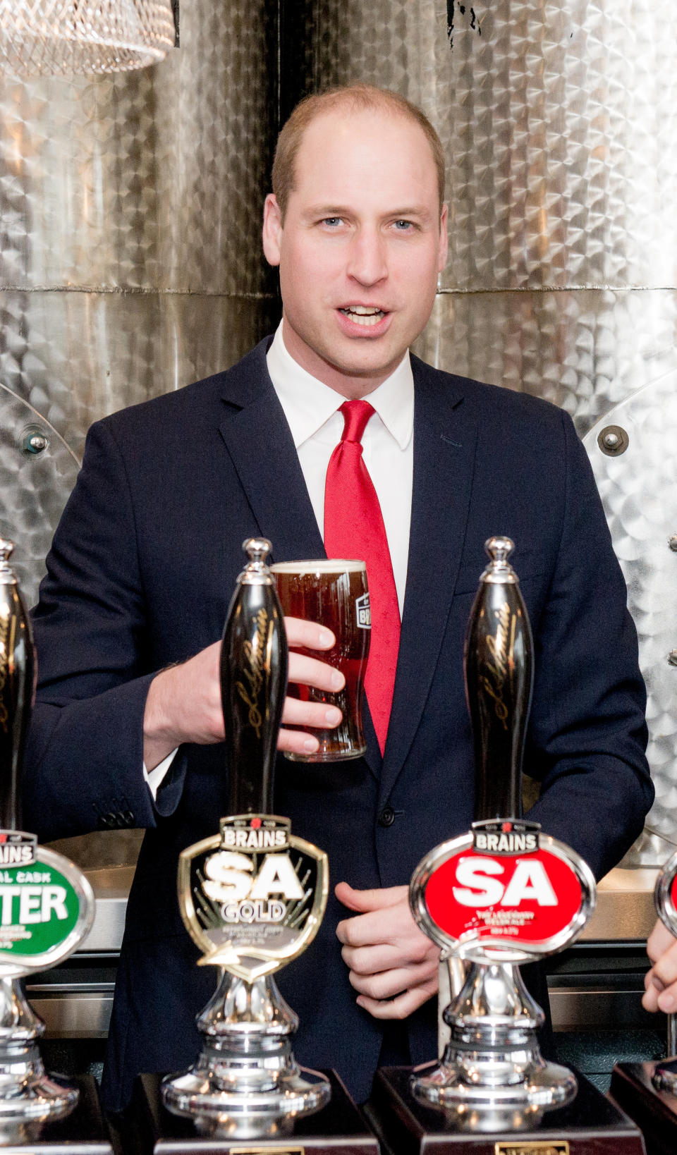 Prince William pulls a pint while officially opening Brains Brewery, before attending the Wales vs Ireland Six Nations Match on March 16 in Cardiff, Wales.&nbsp; (Photo: Richard Stonehouse via Getty Images)