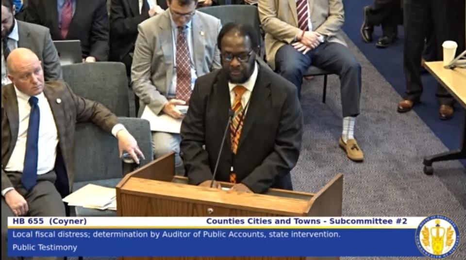 Herbert Bragg, Hopewell's legislative liaison, testifies Thursday, Feb. 1, 2024, before a subcommittee of the House Counties, Cities & Towns Committee. Bragg spoke on behalf of five City Council members opposed to fiscal-distress legislation.