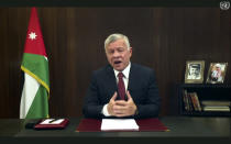 In this image made from UNTV video, Jordan's King Abdullah II speaks in a pre-recorded message which was played during the 75th session of the United Nations General Assembly, Tuesday, Sept. 22, 2020, at UN headquarters. The U.N.'s first virtual meeting of world leaders started Tuesday with pre-recorded speeches from some of the planet's biggest powers, kept at home by the coronavirus pandemic that will likely be a dominant theme at their video gathering this year. (UNTV via AP)