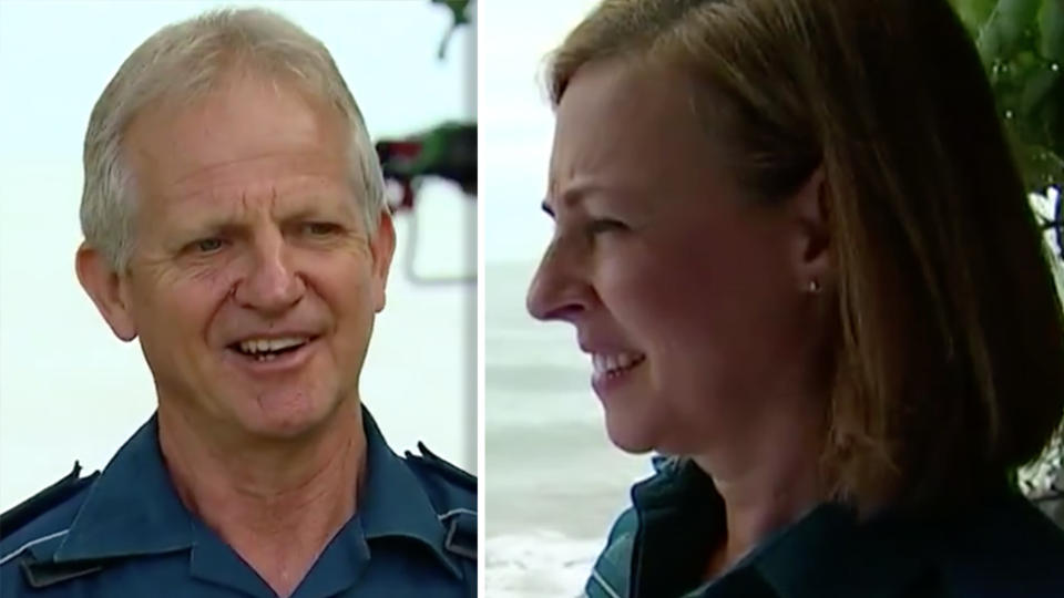 Graeme Cooper and Danielle Kellam were taking a palliative care patient to hospital for the final time when they stopped by the beach. Images: 7 News