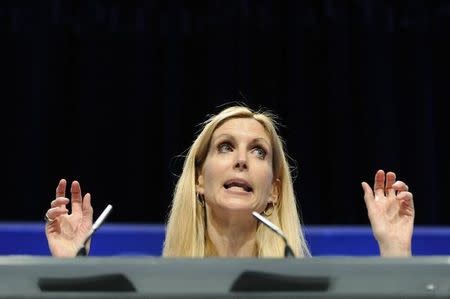 Commentator Ann Coulter gestures as she addresses the Conservative Political Action conference (CPAC) in Washington, February 12, 2011. REUTERS/Jonathan Ernst/Files