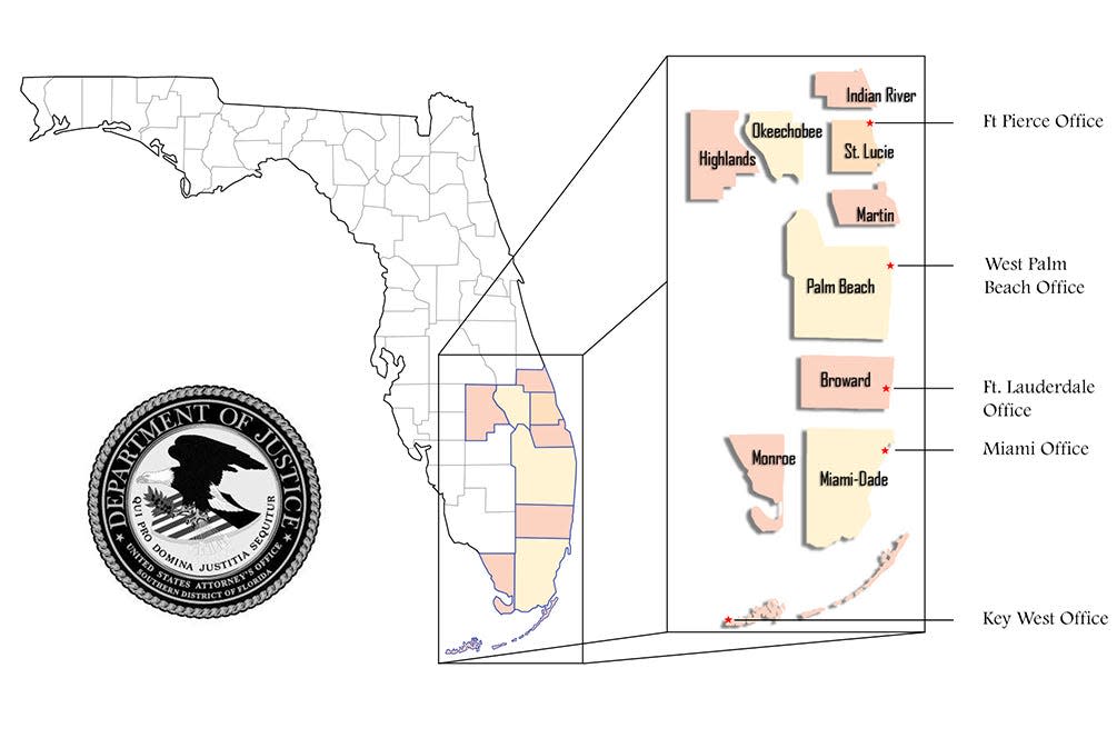 The United States Southern District of Florida encompasses a geographical area of approximately 15,197 square miles extending south to Key West, north to Sebastian and west to Sebring.
