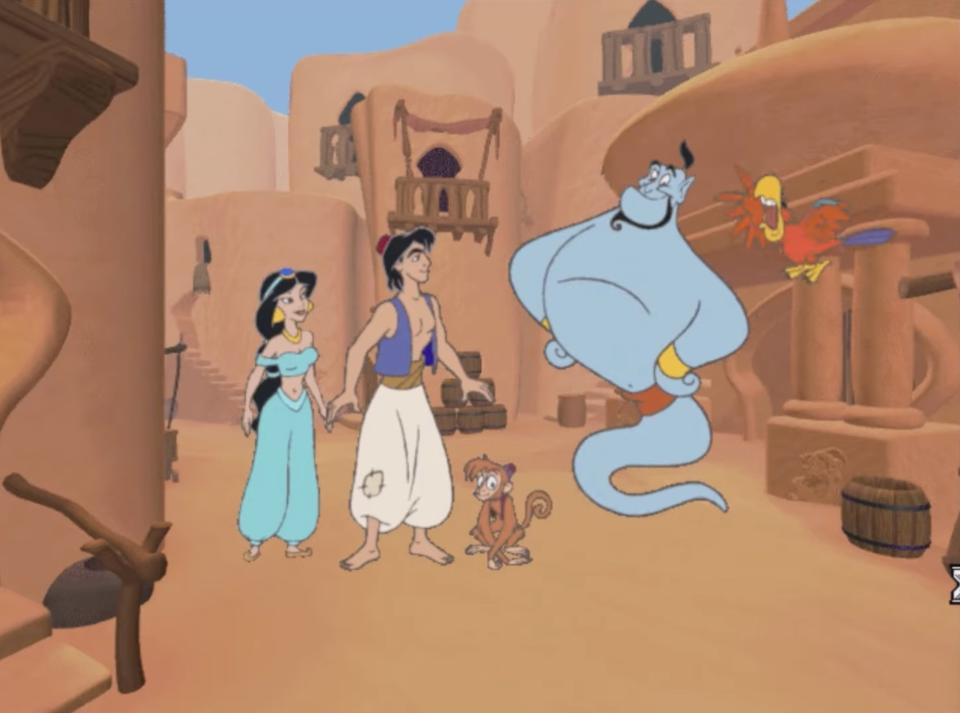 Genie and Iago talk to Aladdin, Jasmine, and Abu in the game's intro