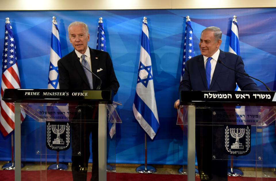 Then-Vice President Joe Biden, left, appears alongside Israeli Prime Minister Benjamin Netanyahu in March 2016. As president, Biden has remained staunchly defensive of Israel. (Photo: Pool via Getty Images)