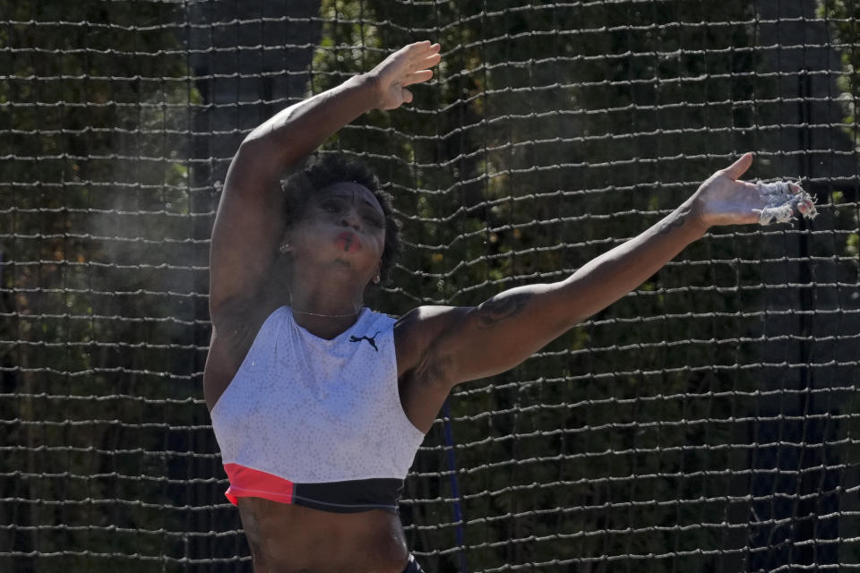 Gwendolyn Berry competes during the finals of the women's hammer throw at the U.S. Olympic Track and Field Trials Saturday, June 26, 2021, in Eugene, Ore. (AP Photo/Ashley Landis)