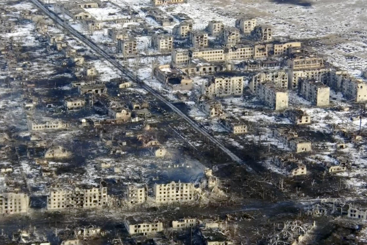 The town of Marinka in Ukraine's eastern Donetsk province is among those that have been reduced to rubble as Russian forces look to seize full control of the Donbas. (AP)