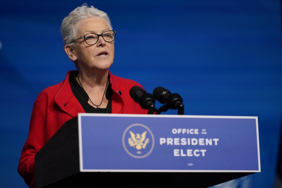 The Biden administration's appointee for National Climate Advisor, Gina McCarthy speaks at The Queen Theater in Wilmington Del., Saturday, Dec. 19, 2020. (AP Photo/Carolyn Kaster)