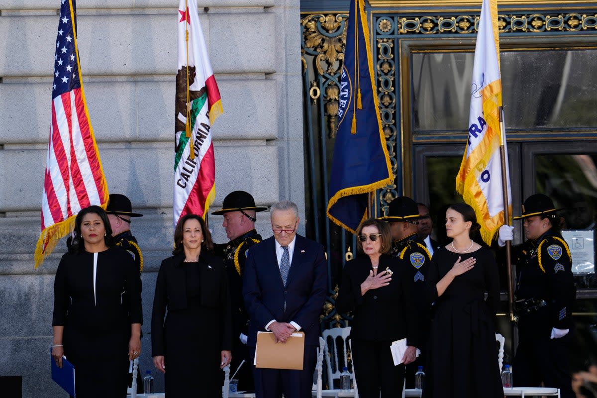 Dignitaries, from left to right, San Francisco Mayor London Breed, Vice President Kamala Harris, Senate Majority Leader Chuck Schumer, D-N.Y., Rep. Nancy Pelosi, D-Calif. and Dianne Feinstein’s granddaughter Eileen Mariano stand during a memorial service for U.S. Sen. Dianne Feinstein, Thursday, Oct. 5, 2023, in San Francisco (AP)