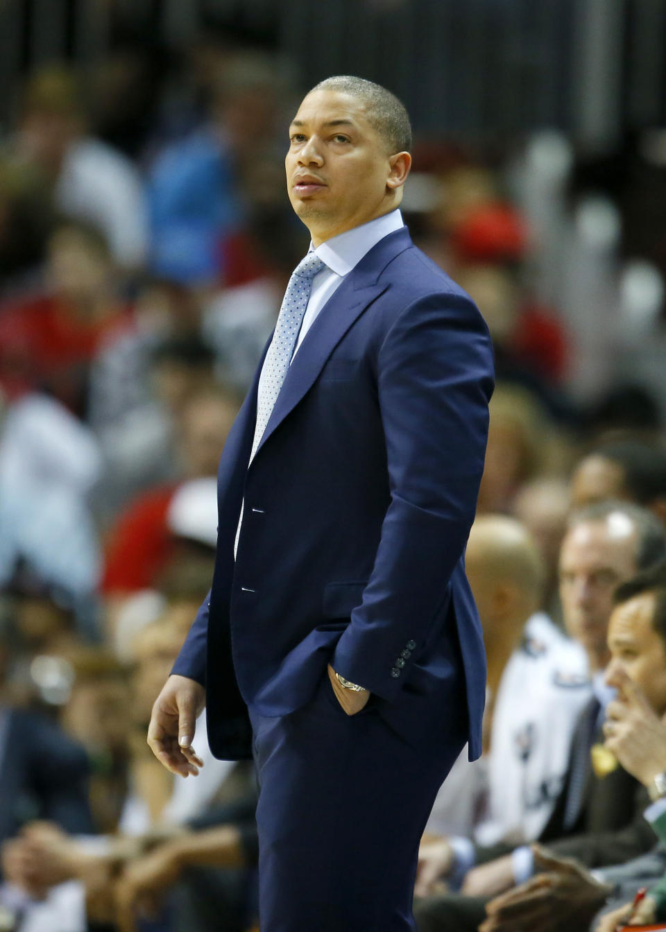 Cleveland Cavaliers head coach Tyronn Lue watches on in the second half of an NBA basketball game between the Cleveland Cavaliers and Atlanta Hawks on Sunday, April 9, 2017, in Atlanta. The Hawks won in overtime 126-125. (AP Photo/Todd Kirkland)
