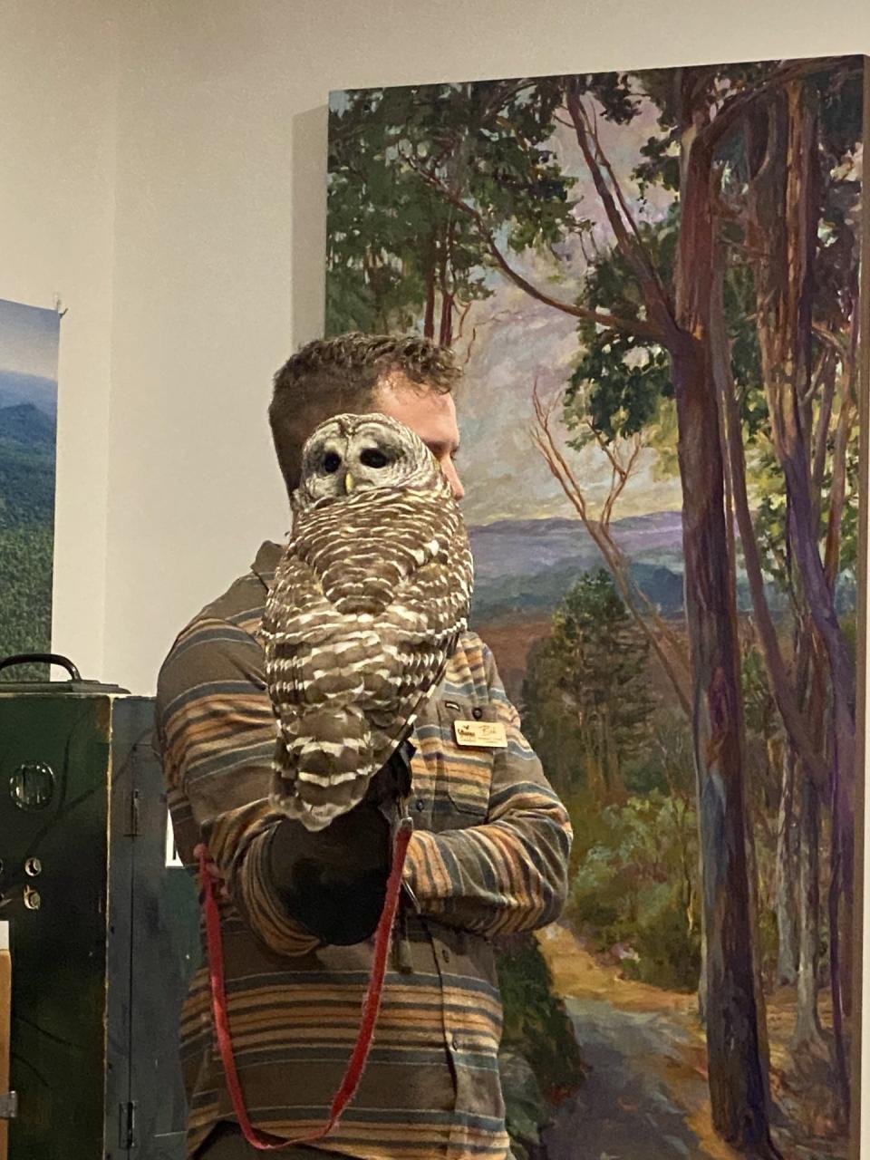 Bob Dale Jr., of the Center for Wildlife, holds Fern the Barred Owl at the York Land Trust.