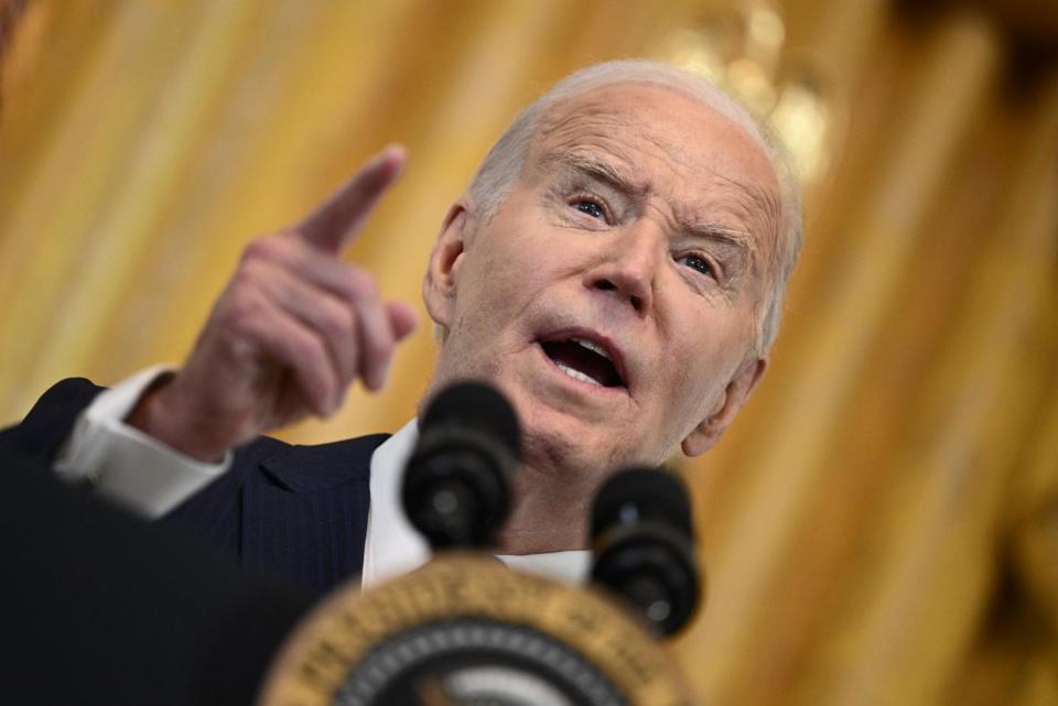 PHOTO: President Joe Biden speaks during a reception in the East Room of the White House in Washington, Mar. 18, 2024.  (Brendan Smialowski/AFP via Getty Images)