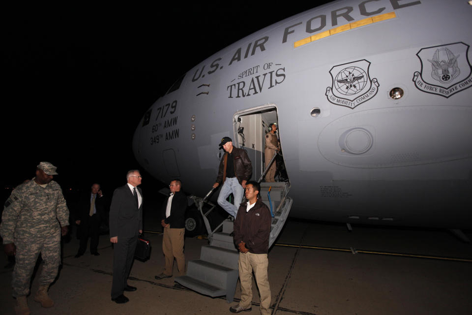 U.S. Vice President Joe Biden disembarks from the plane as he arrives in Baghdad, November 29, 2011. U.S. Vice President Biden arrived in Baghdad on Tuesday in a visit to mark the end of the U.S. war in Iraq as troops complete withdrawal by year-end.&nbsp;