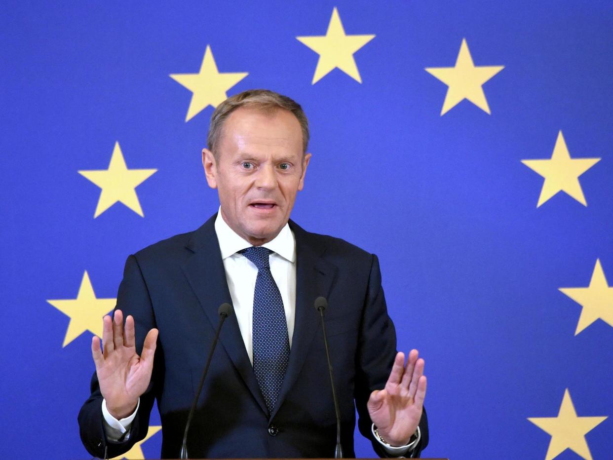 Donald Tusk condemned US president's tariffs and views on Russia, while warning Boris Johnson he would not cooperate on a no-deal Brexit: Sergei Supinsky/AFP/Getty Images