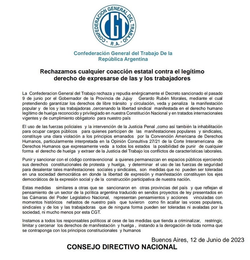 La CGT emitió un comunicado para repudiar el decreto 