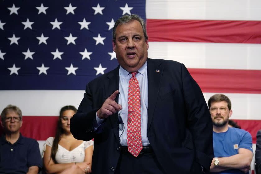 Republican Presidential candidate former, New Jersey Gov. Chris Christie addresses a gathering, Tuesday, June 6, 2023, in Manchester, N.H. Christie filed paperwork Tuesday formally launching his bid for the Republican nomination for president after casting himself as the only candidate willing to directly take on former President Donald Trump. (AP Photo/Charles Krupa)