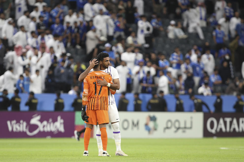 UAE's Al Ain' players celebrate after winning the game against Saudi Arabia's Al Hilal in the second leg of their AFC Champions League 2023/24 semi-final match against Saudi Arabia's Al Hilal at Kingdom Arena Stadium in Riyadh, Saudi Arabia, Tuesday, April 23, 2024. (AP Photo)