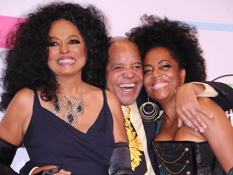 Diana Ross, Berry Gordy and Rhonda Ross Kendrick pose in the press room at the 2017 American Music Awards at Microsoft Theater on November 19, 2017 in Los Angeles, California