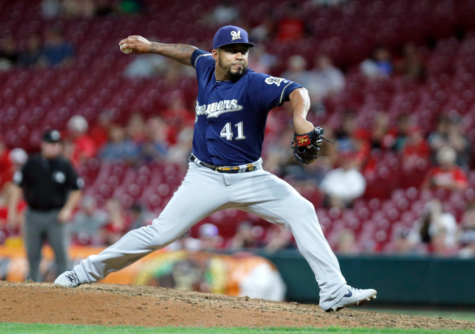 Sep 25, 2019; Cincinnati, OH, USA; Milwaukee Brewers relief pitcher Junior Guerra (41) throws against the Cincinnati Reds during the ninth inning at Great American Ball Park. Mandatory Credit: David Kohl-USA TODAY Sports