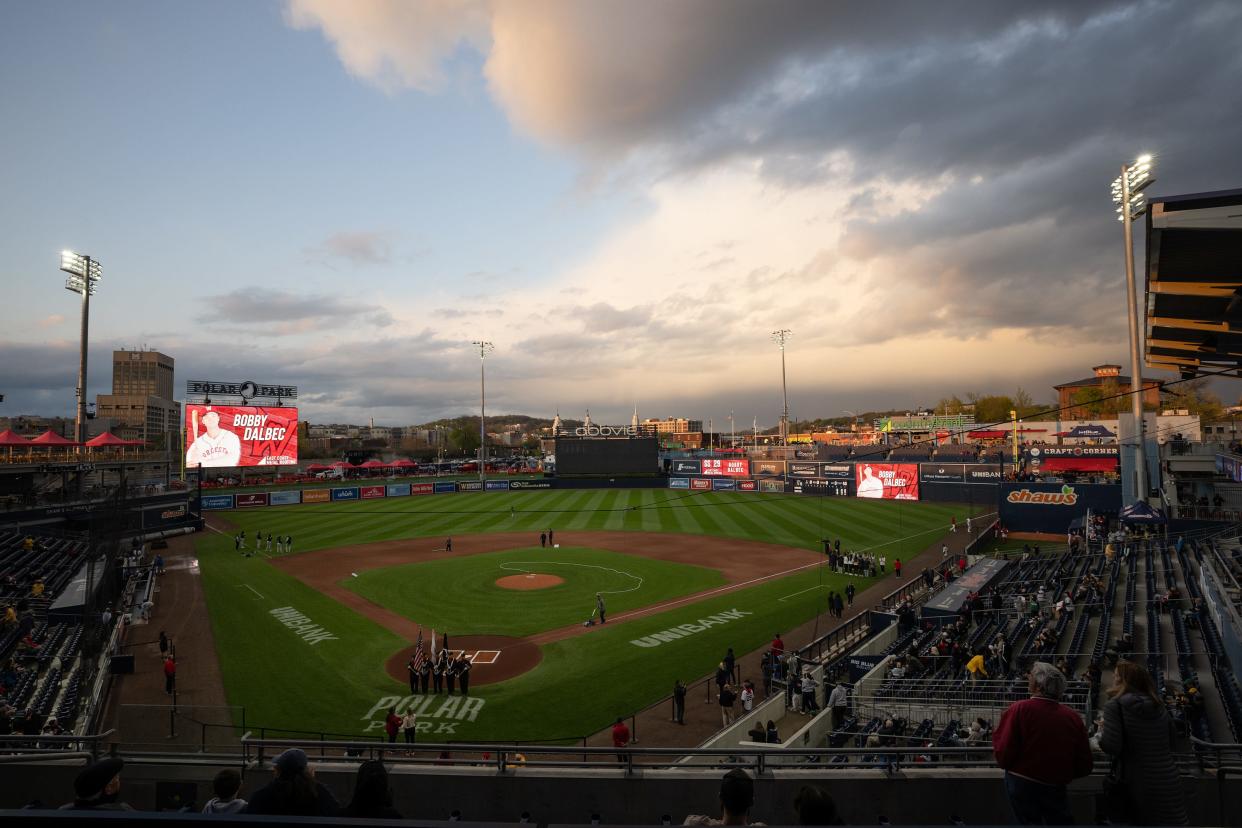 The sun sets after a rain delay at Polar Park.