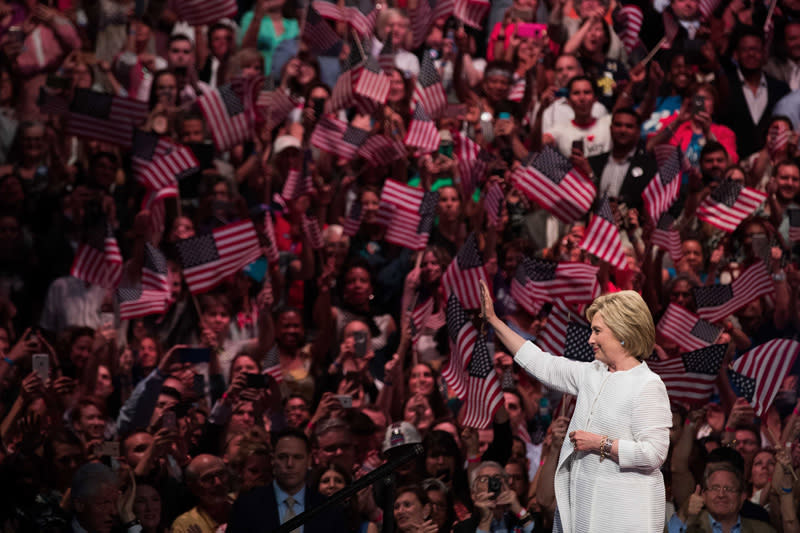 Hillary Clinton in a white suit on June 7, 2016