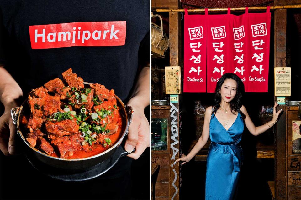 Two photos showing a pork stew dish, and a portrait of restaurant owner Carolina Cho, in Los Angeles