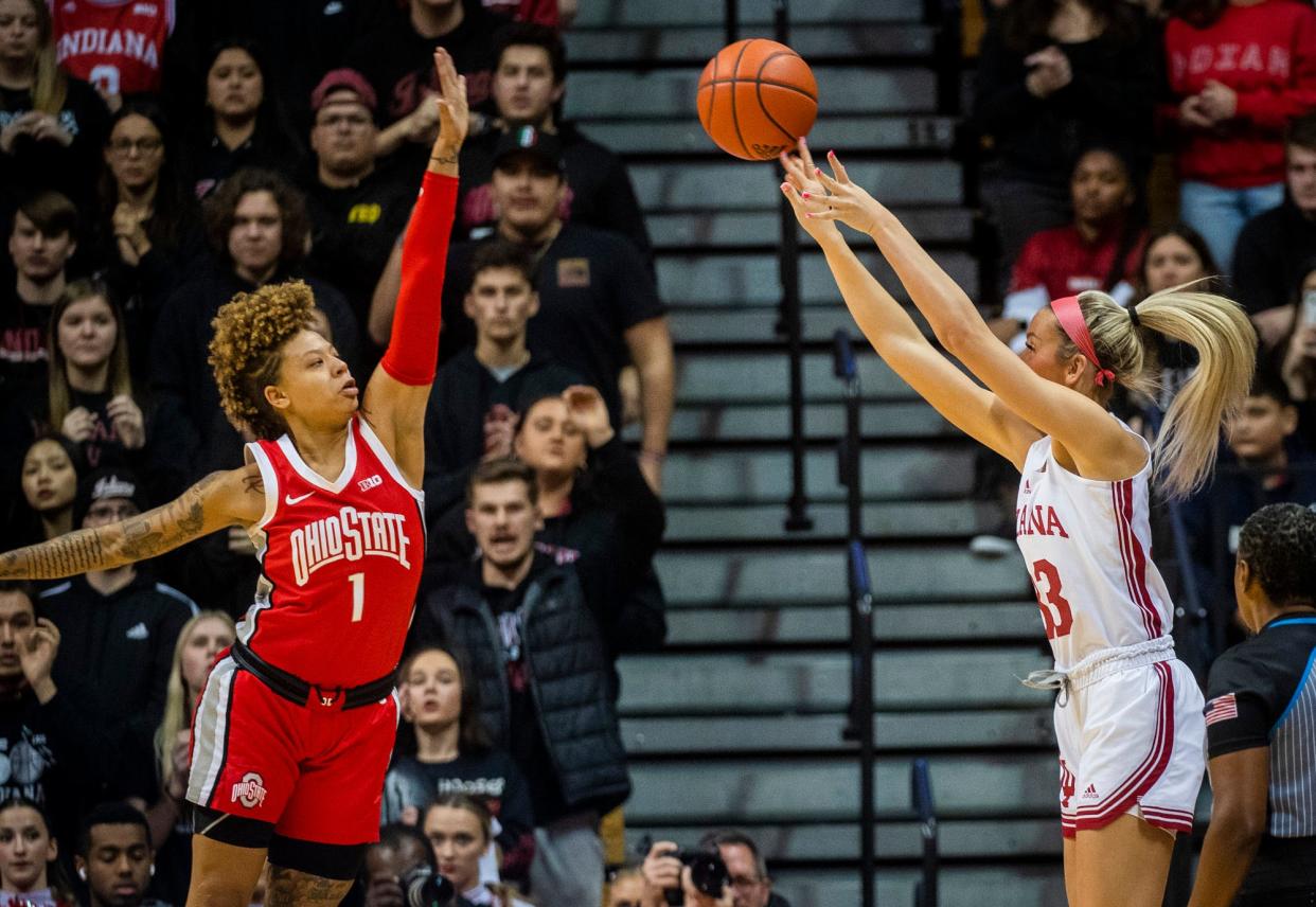 Indiana's Sydney Parrish (33) shoots over Ohio State's Rikki Harris (1) during the first half of the Indiana versus Ohio State women's basektball game at Simon Skjodt Assembly Hall on Thursday, Jan. 26, 2023.