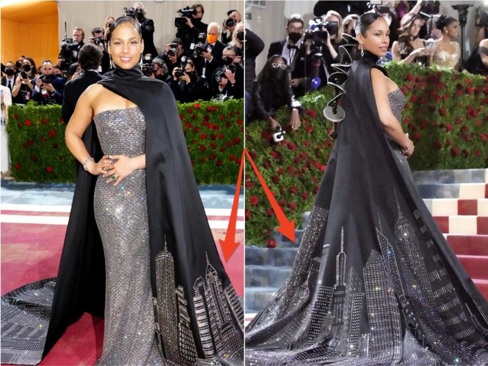 The front and back of Alicia Key's Met Gala dress with new york city skyline