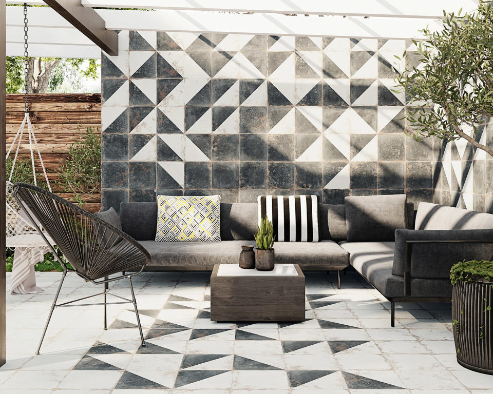 <p> If you&apos;re trying to be bolder with your decor, your garden is a great place to start. Choosing matching patio tiles for your walls and floors is an easy way to form a look that&apos;s curated and complete, with fairly minimal effort.&#xA0; </p> <p> Always ensure to use specialist floor tiles as these will be thicker than wall tiles and have the necessary slip-resistant and drainage properties.&#xA0; </p> <p> &apos;When it comes to slip resistance, there are a few things to keep in mind. First, make sure that the tiles have a good grip. You can test this by doing a simple water drop test &#x2013; just rub your hand on the surface to see how slippery it is. You should also consider the texture. A rougher surface will provide more traction than a smoother one,&apos; says David Mason, interior designer and owner of The Knobs Company. </p> <p> This striking geometric space is the perfect party zone for hosting alfresco cocktail parties.&#xA0; </p>